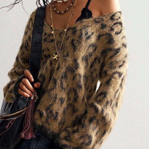 Casual Women's Boho leopard print Loose Long Sleeve Sweater top - Picture 2 of 7